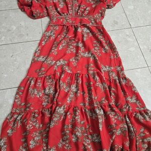 Max Studio London Crepe Smocked Ruffle Tiered Long Red Summer Dress Small?